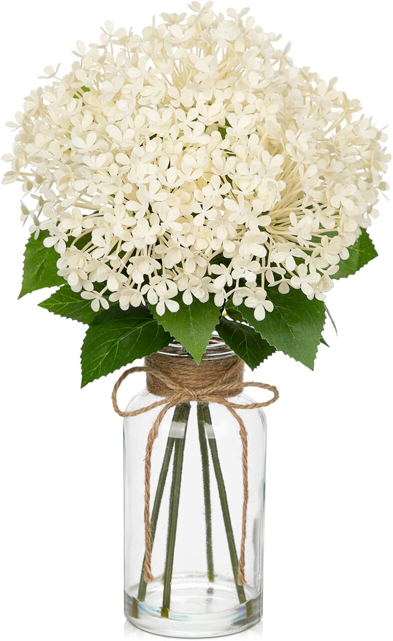 Artificial Hydrangea Flowers in Glass Vase with Faux Water, 13.8" Fake Cream Hydrangeas Arrangement Centerpiece for Home Café Kitchen Bathroom Decoration